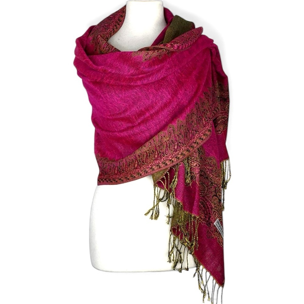 Pashmina Silky Bright Pink Paisley Reversible Festive fringe Scarf Wraps Shawl